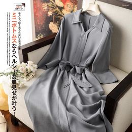 Casual Dresses Limiguyue French Summer Women Silk Satin A-Line Turn Down Collar Soft Chiffon Dress Lace Up Midi Shirt Vestidos Z041