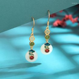 Dangle Earrings Fashion Ethnic Chinese Style 925 Sterling Silver Gilded Natural Hetian Jade Cloisonne Cloud Southern Red For Women Gift