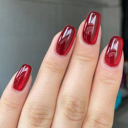 24pcs detachable cat eyes red wine false nails with glue full cover ballet square almond shiny acrylic press on fake tips 240430
