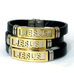 Charm Bracelets Whole 12Pcs Jesus Religious Sile Stainless Steel Leather Bracelets Men Fashion Cool Punk Wristbands Gifts Wedd5766672