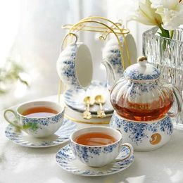 Teaware Sets English-style Afternoon Tea Set Flower Teapot Candle Heated Glass Teapot Teacup Blue and white Porcelain Coffee Cup and