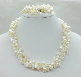 Necklace Earrings Set Classic White 3 Strand Baroque Freshwater Pearl And Bracelet 19 Inches ( Natural Pearls) 18"