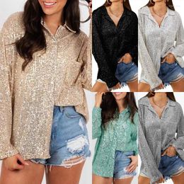 Women's Polos Fashion Solid Colour Sequin Turn-down Collar Cardigan Women 2024 Autumn Spring Loose Long-sleeved Tops Female Commuter Clothes