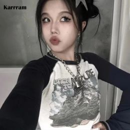 T-Shirt Karrram Y2k Aesthetics Crop Tops Grunge Print Patchwork Tshirt Japanese Haruku Slim Tee Shirt 2000s Vintage Clothes Egirl