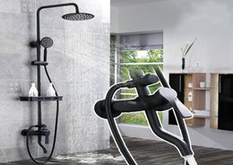 Matte Black Rainfall Shower Faucet Set Single Lever Bathtub Shower Mixer Faucet with Storage Shelf Shower Cold Water Tap2974128