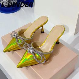 Slippers Mirror Leather Crystal Butterfly Runway Women Sandals 2024 Designer Pointy Toe 6.5cm Heel Party Multicolor Mules
