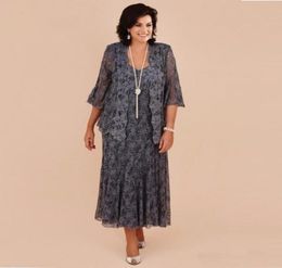 Plus Size Gray Lace Mother of the Bride Dresses With Jacket Tea Length Wedding Party Dress Formal vestido de renda Custom Made8022947