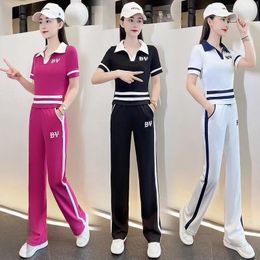 Women's Two Piece Pants Casual Tracksuit 2024 Spring Summer Korean Loose Short Sleeve Tops Pant 2 Set For Women Fashion Sportswear