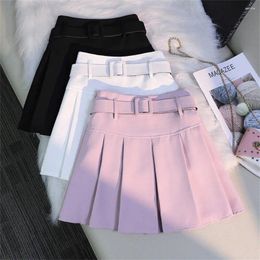 Skirts 2024 Spring Summer High Waist With Belt Mini Skirt Korean Fashion Patchwork A-Line Pink White Pleated For Women