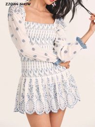 Romantic Puff Sleeve Embroidery White Blue Floral Body Elastic Ruched Mini Dress Woman Low Waist Ruffles Hem Holiday Robe 240420