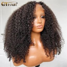 Qt Afro Kinky ricci di pizzo frontale parrucche 13x4 hd trasparente parrucca in pizzo in pizzo brasiliano arricciante 4x4 parrucca di chiusura del pizzo per donne nere 240423