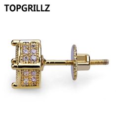 TOPGRILLZ Hip Hop Rock Jewelry Earring Gold Color Iced Out Micro Pave CZ Stone Lab Stud Earrings With Screw Back Gor Men Women8291598