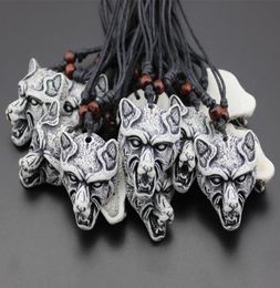 COOL 12PCS Boy Men039s Imitation Yak Bone Carving White Wolf Head Pendants Amulets Necklaces Gift MN3041842693