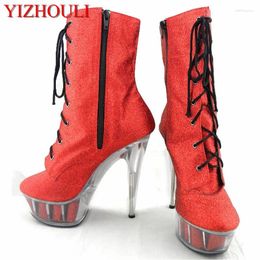 Dance Shoes Classic 15cm Sexy Heels Round Toe Thick Soles Ankle Boots 6 Inches Crystal Stage