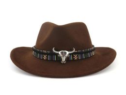 2021 Wide Brim Western Cowboy Jazz Hat Cap Men Women Wool Felt Fedora Hats Ribbon Metal Bullhead Decorated Black Panama Cap31191516184005