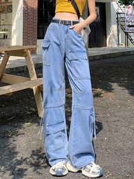 Women's Jeans JRJL Blue Cargo Pants Women 2024 Vintage Loose Solid Basic Chic Lace Up Pockets Straight Full Length Wide Leg