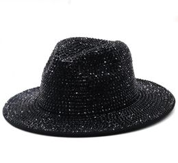 Fedoras Diamond Felt Fedora Hat Bling Rhinestone Panama Wide Brim Jazz Hats for Women Men Women039s Men039s Cap Male Man Wom9003907