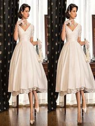 2020 Tea Length Generous Wedding Dresses Short Seeves V Neck Lace Satin Bridal Wedding Gowns Custom Made Plus Size Cheap Wedding P2340156