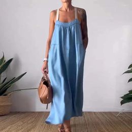 Casual Dresses Cotton Linen Spaghetti Straps Dress Summer Elegant Off Shoulder Loose Party Women Fashion Pleated Solid Color Long