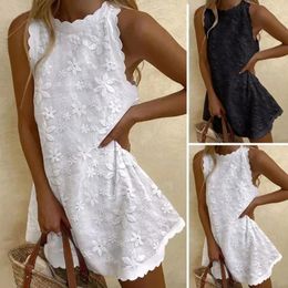 Casual Dresses Summer Mini Dress Floral Embroidery Off Shoulder Round Neck Sleeveless Solid Colour Up Big Hem Ruffle Women Wo