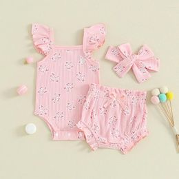 Clothing Sets Sweet Style Baby Girls Clothes Kids Shorts Set Outfits Flower Print Sleeve Romper With Hairband 3PCS Infant Suits
