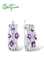 SANTUZZA Silver Earrings For Women Genuine 925 Sterling Silver Delicate Charming Purple Flower Fine Jewellery Handmade Enamel CX20065375336