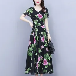 Party Dresses Casual Dress 2024 Summer Women Chiffon Printed Flesh Covering With A Slim Waist And Stomach Fashion Long