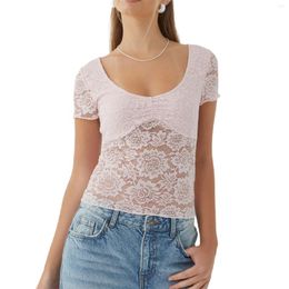 Women's T Shirts Women Lace T-Shirts Summer Casual Slim Fit Tops Streetwear Lady Short Sleeve Scoop Neck