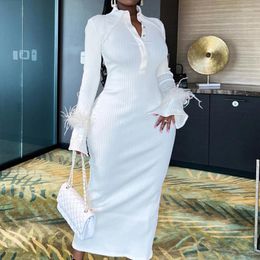 Casual Dresses OMSJ Solid White Elegant Turn-down Collar Single Breasted Full Sleeve Feather Patchwork Bodycon Fashion Knit Ribbed Maxi