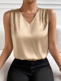 Women's Blouses Shirts Myvesto womens summer solid color V-neck top sleeveless shoulder pleated dress topL2405