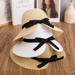 Berets Summer Pannama Blank Black Ribbon Bow Wide Brim Mexican Japanese Style Sun Beach Top Adult Straw Bucket Fishing Hat For Women