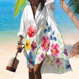 Casual Dresses Printed Shirt Dress Women Resort Style Leaf Print Vacation Beach Cover-up For Loose Long Sleeves Type