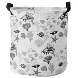 Laundry Bags Starfish Shell Coral Vintage Black Grey Foldable Dirty Basket Kid's Toy Organizer Waterproof Storage Baskets