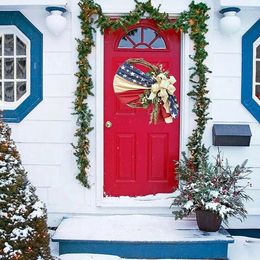 Decorative Flowers Fabric Door Wreath Patriotic American Flag With Berry Flax For Independence Day Holiday Home Decoration