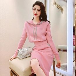 Work Dresses 2024 Sweet Pink Tassel Hooded Sweater For Women Autumn Winter Skirts Casual Two-piece Suit