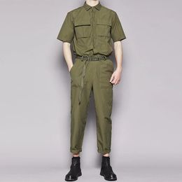 Spring Summer Fashion Retro Solid Colour Workwear British Jumpsuit Suit Short-Sleeved Straight Pants Jumpsuit For Men 240429