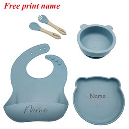 Baby Feeding Set Personalised Name Silicone Tableware Cute Bear Plate Bowl For Kids Bib Spoon Fork Infant born Gift 240429