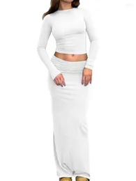 Work Dresses 2 Piece Skirt Outfits For Women Sexy Going Out Y2K Long Sleeve Bodycon Crop Tops Shirt High Waist Maxi Set
