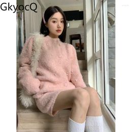 Work Dresses GkyocQ Sweet Girls Pink Two Piece Skirt Sets Elegant O Neck Single Breasted Long Sleeve Cardigan High Waist Suit Korean