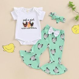 Clothing Sets VISgogo Baby Girls Summer Outfit Chicken Print Short Sleeves Romper And Flare Pants Headband 3 Piece Clothes