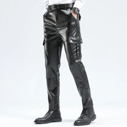 Mens Leather Cargo Pants Elastic Fashion PU Trousers Pockets 240419