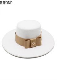 Autumn Winter French Ladies White Bownot Flat Top Fedora Hat 10CM Brim Banquet Elegant Felt Hat Wedding Dress Cap 2205242932926
