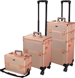 Storage Boxes Trolley With Box Lockable Aluminum Makeup Travel Case For Salon Cosmetics Hairdressing (Rose Gold)