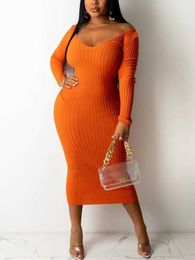 Basic Casual Dresses LW Plus Size Dress Shoulder Rib Knitted Body Dress Womens Long Dress Autumn Elegant Long Sleeve Dress Fashion DressL2405