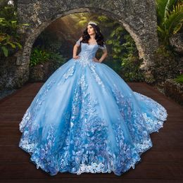 Sky Blue Quinceanera Dress 2024 Ball Gown Princess Sweet 15 16 Years Appliques Lace Beads Bow Tull Vestidos De 15 Anos