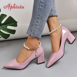 Aphixta 5cm 7cm Chunky Heels Women Pumps Crystals Pearl Chain Ankle Strap Shoes Leisure Fashion Patent Leather Plus Size 30-50 240429