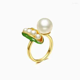 Cluster Rings Creative Light Luxury Enamel Pea Pod Pearl For Women Opening Adjustable Simple Green Fresh Engagement Jewelry Gift