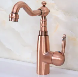 Bathroom Sink Faucets Antique Red Copper Single Hole Handle Swivel Spout Faucet Basin Mixer Tap Lnf630