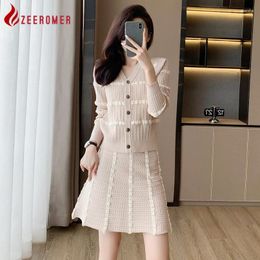 Work Dresses 2024 Spring High-End Knitted Sweater Set Dress Women Temperament Single Breasted KniCardigan A-line Mini Skirt 2-Piece