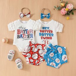 Clothing Sets Summer Baby Girls 2pcs Jumpsuits Suit Fashion Baseball Letter Print Short Sleeve Romper Shorts Hairband Kids Outerwear